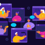 Friends during video conference, male and female characters meet in online bar or virtual chat. Computer screens with people communicate distantly, internet meeting, Line art flat vector illustration