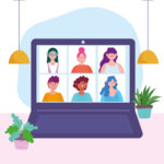 online meeting or conference during coronavirus covid 19, laptop people connection working concept vector illustration